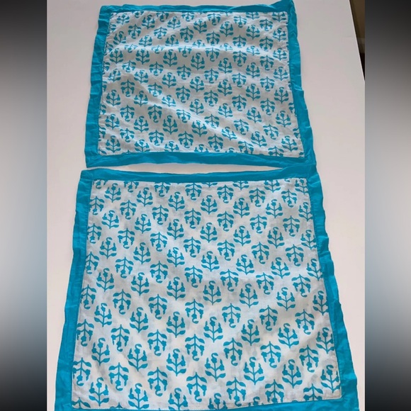 Madison Mathews Pillow Covers Set Of 2 Turquoise White Hand Block Print 12x12 - Picture 7 of 11